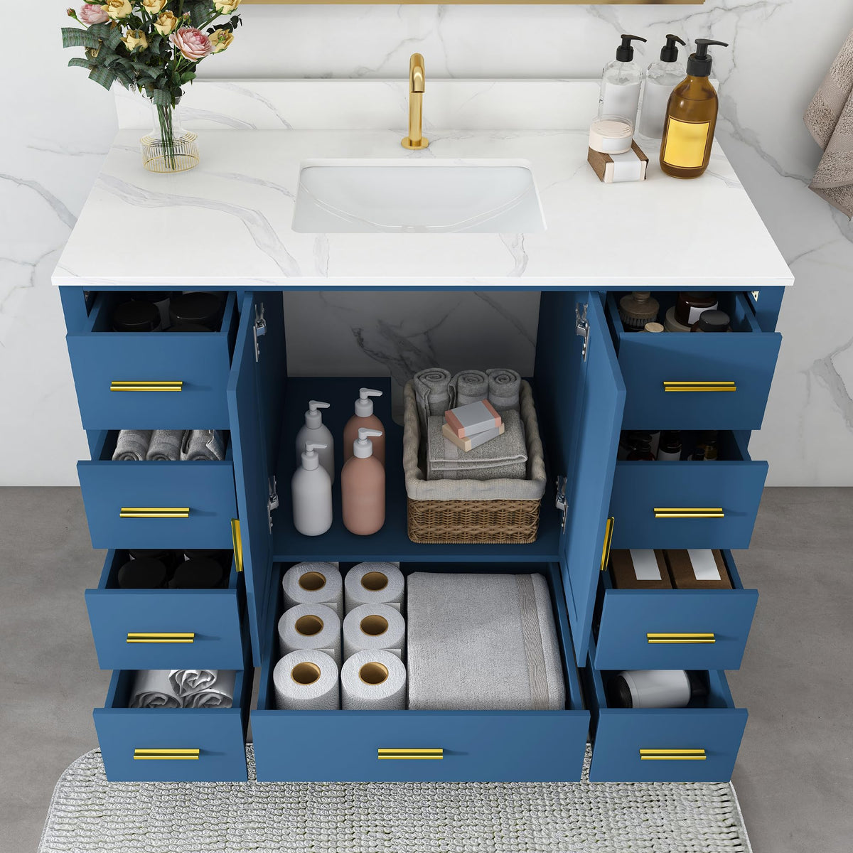 60" Bathroom Vanity Single Sink with 3 Hole, Sink Bathroom Vanity with Solid Wood Frame Storage,Soft Close Double Doors & 9 Sliding Drawers, with Gold Accents