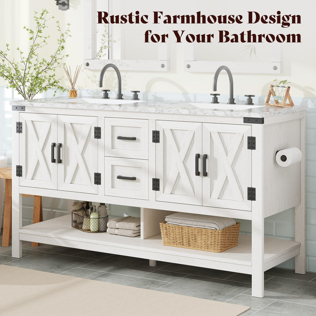AMERLIFE 48" White Farmhouse Sink Bathroom Vanity, Solid White Top