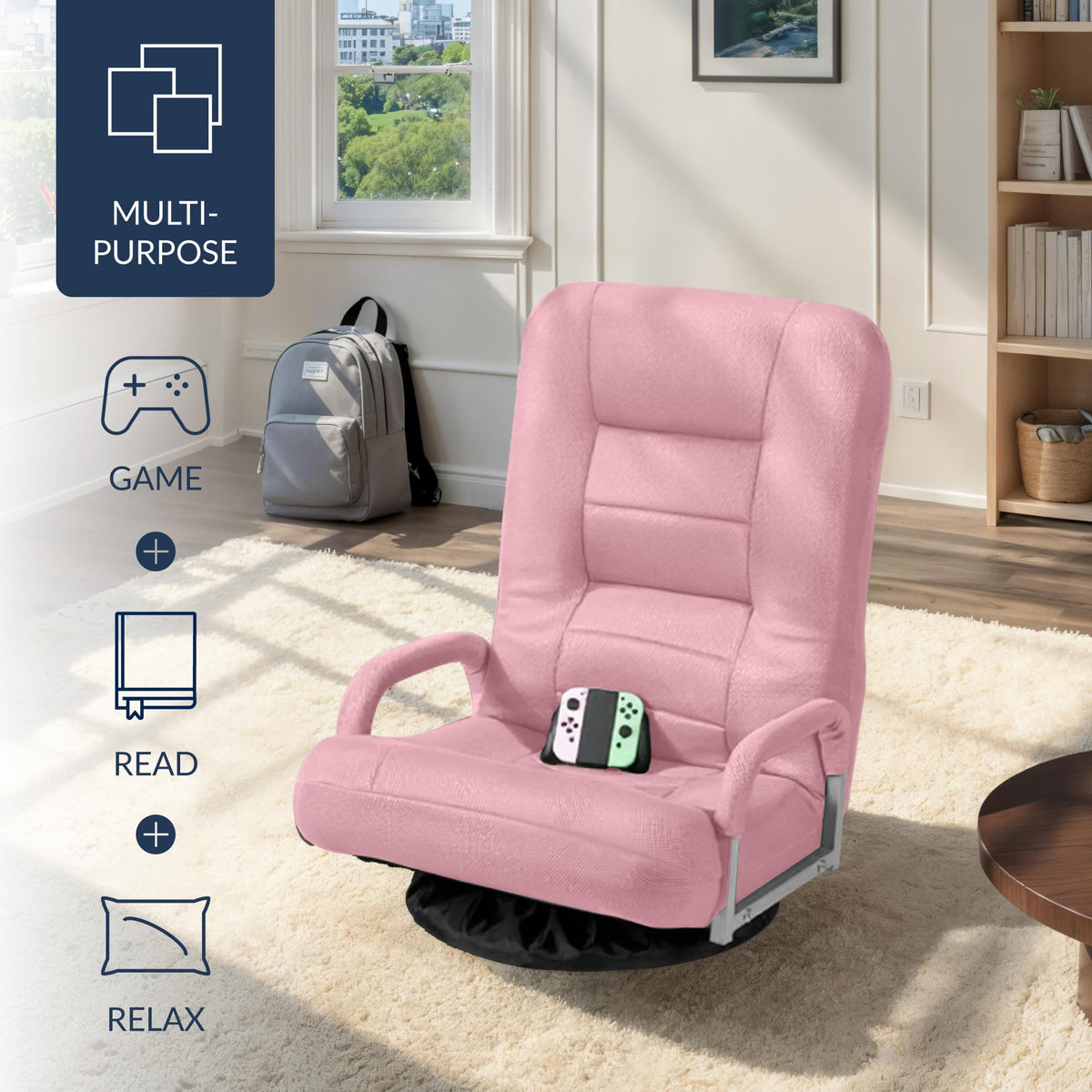 Best Choice Products Swivel Gaming Chair 360 Degree Multipurpose Floor Chair Rocker for TV, Reading, Playing Video Games w/Lumbar Support, Armrest Handles, Adjustable Foldable Backrest - Black/Black