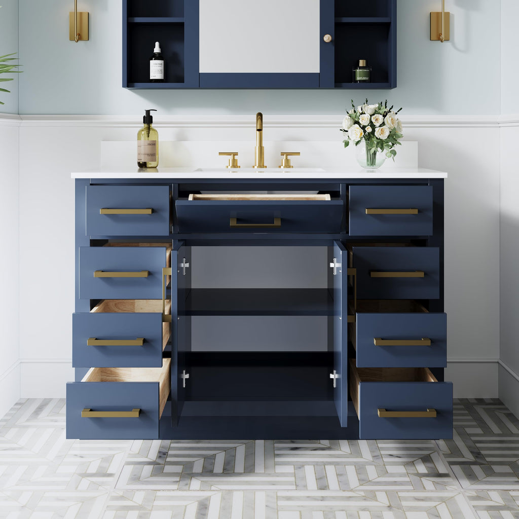 WELLFOR 36-Inch Bathroom Vanity with Sink W/ 2 Doors & 4 Drawers & 1 Flip Drawer,Navy Blue Vanity W/Matte Black Handles