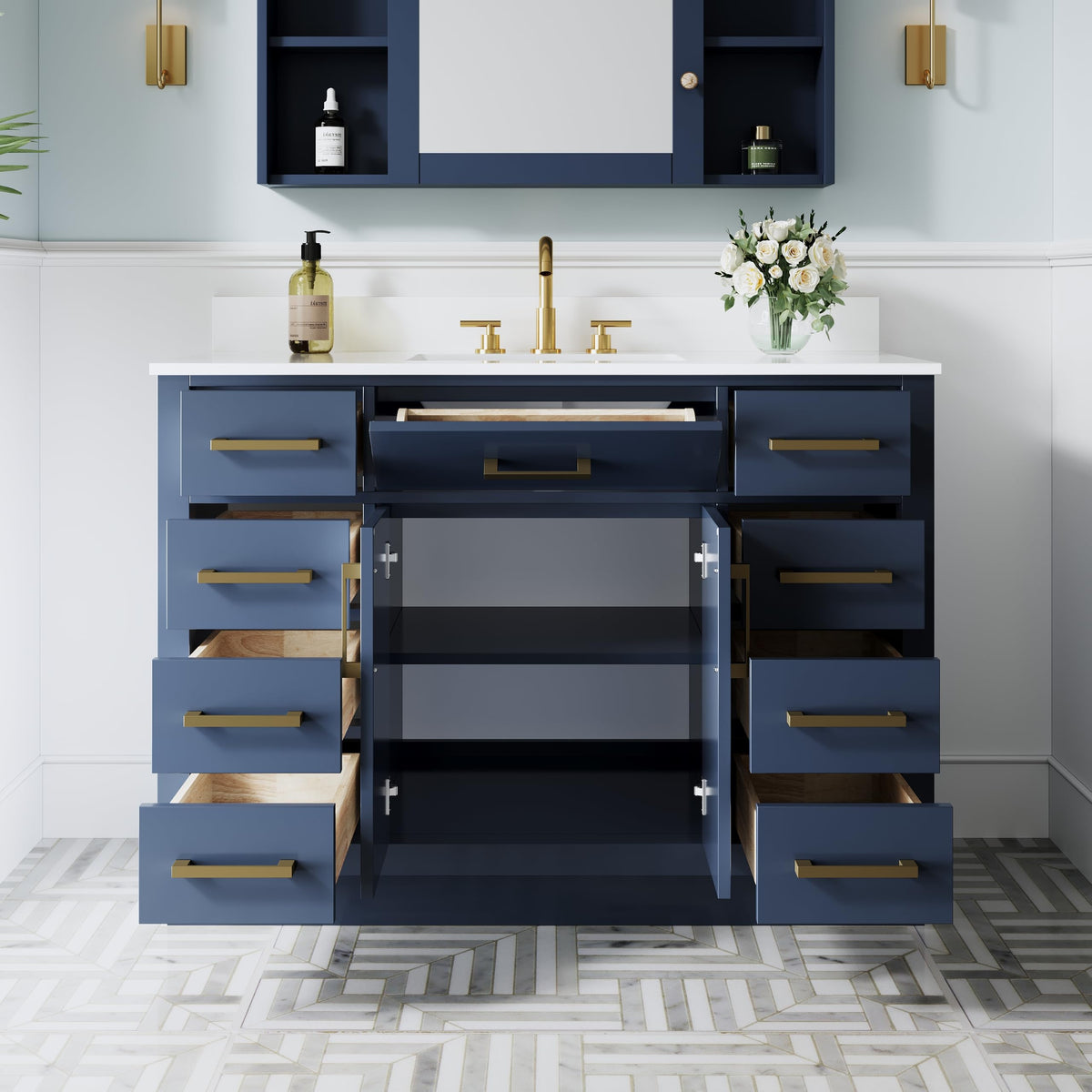WELLFOR 36-Inch Bathroom Vanity with Sink W/ 2 Doors & 4 Drawers & 1 Flip Drawer,Navy Blue Vanity W/Matte Black Handles