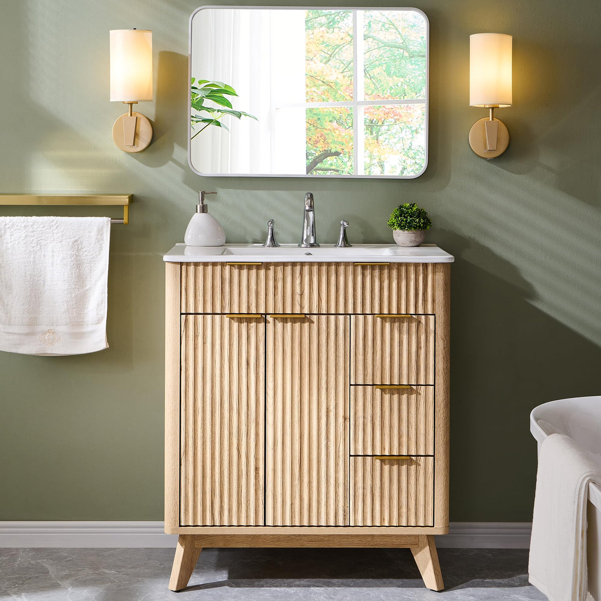 T4TREAM 60" Fluted Bathroom Vanity with Resin Sink Combo, Natural Oak