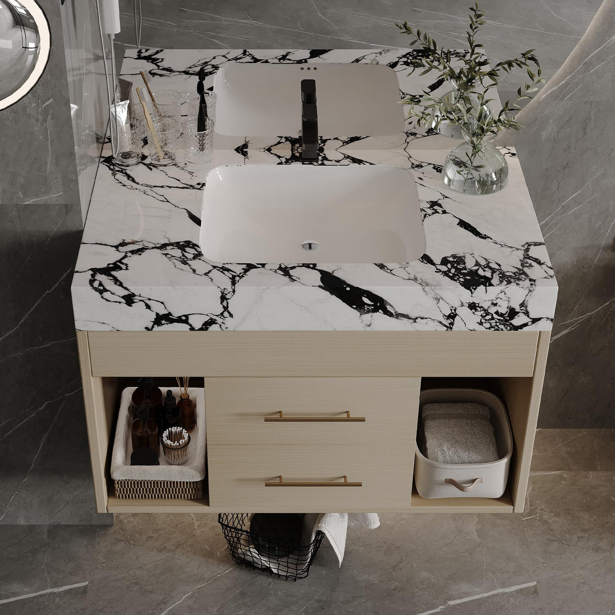 Glintee 40" Floating Bathroom Vanity & Sintered Stone Top, Black