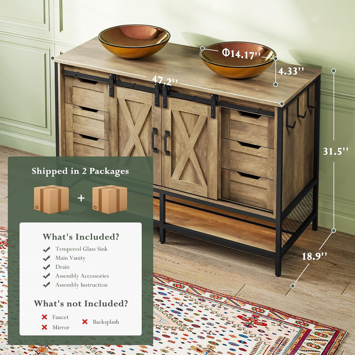 Concho 47'' Farmhouse Bathroom Vanity with Vessel Sink Rustic Brown
