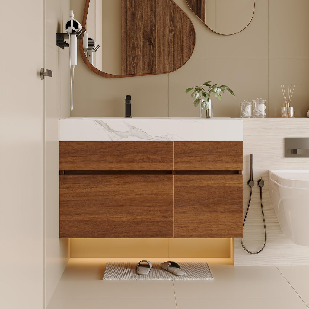 Glintee 40" Floating Bathroom Vanity & Sintered Stone Top, Black