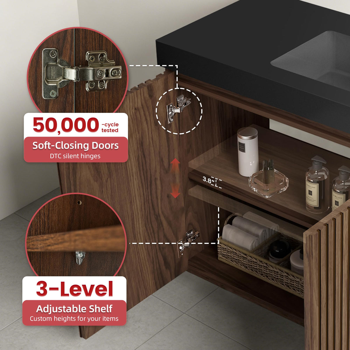 36â Modern Bathroom Vanity with Black Sink, Smoked Brown