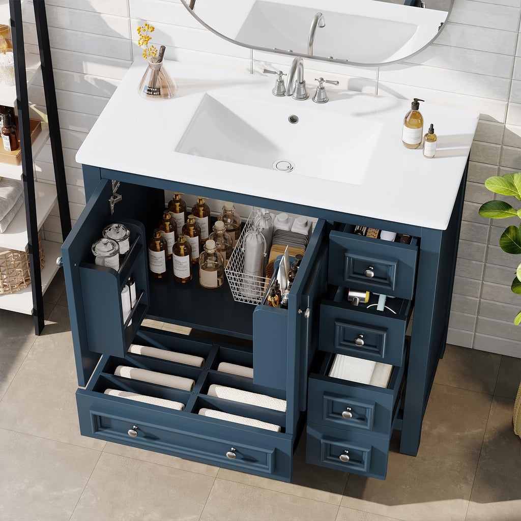 Tribesigns 30" Bathroom Vanity with Sink, Freestanding Bathroom Vanities Cabinet with Ceramic Basin Combo, Bathroom Sink Cabinet with 2 Doors and 1 Drawer, Solid Wooden Frame (Navy Blue, 30 INCH)