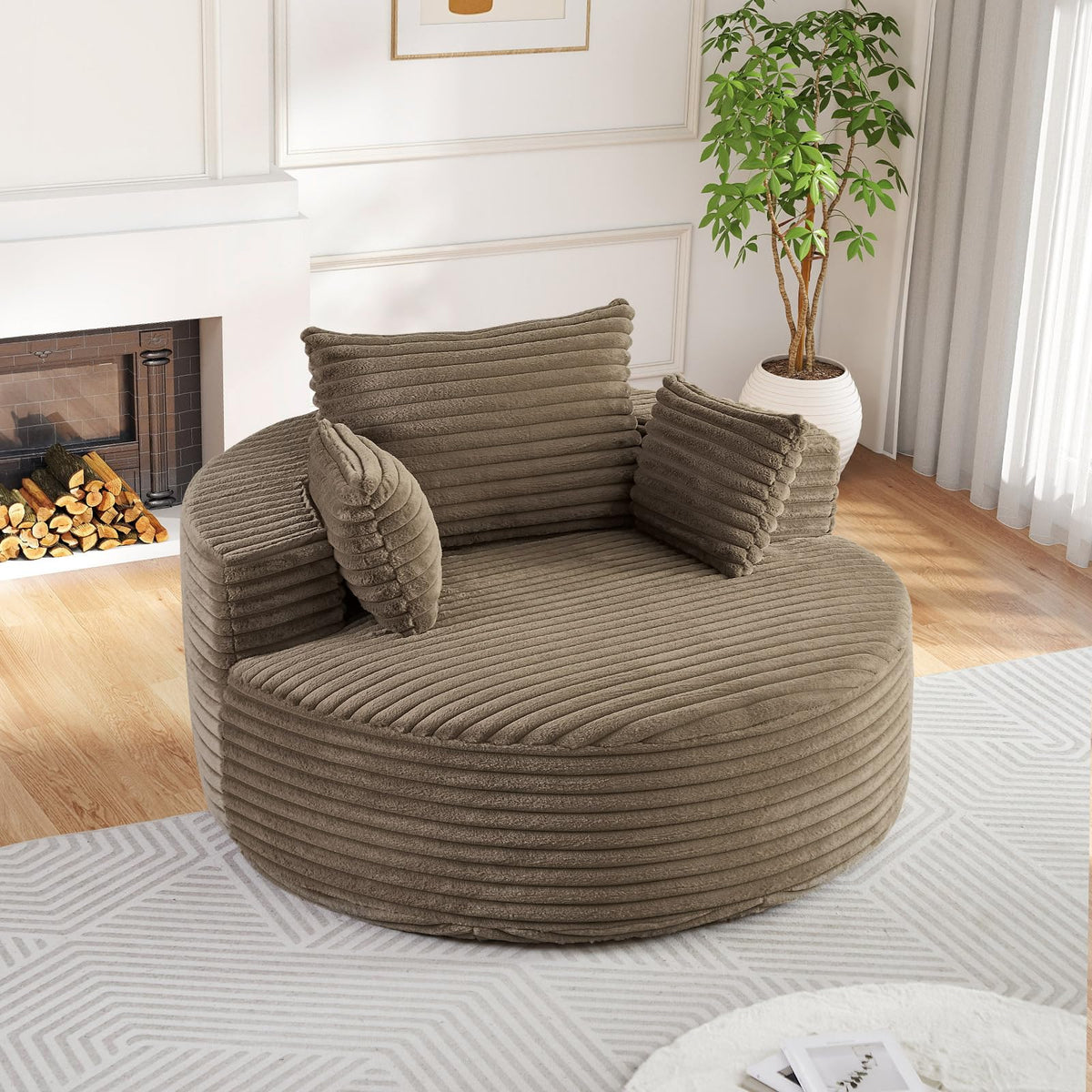 Oversized Round Chaise Longue Chair Indoor, Modern 55-inch Upholstered Corduroy Deep Seat Circle Single Cloud Lounge Floor Sofa Chair for Living Room, Bedroom Apartment, Beige