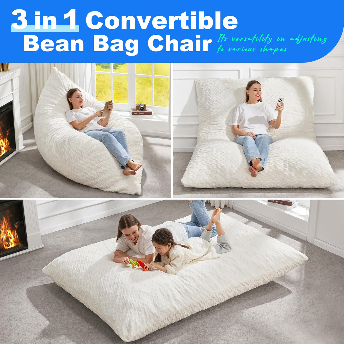 Hobestluk Adult Bean Bag Chair 3 in 1 Convertible Large Bean Bag Sofa