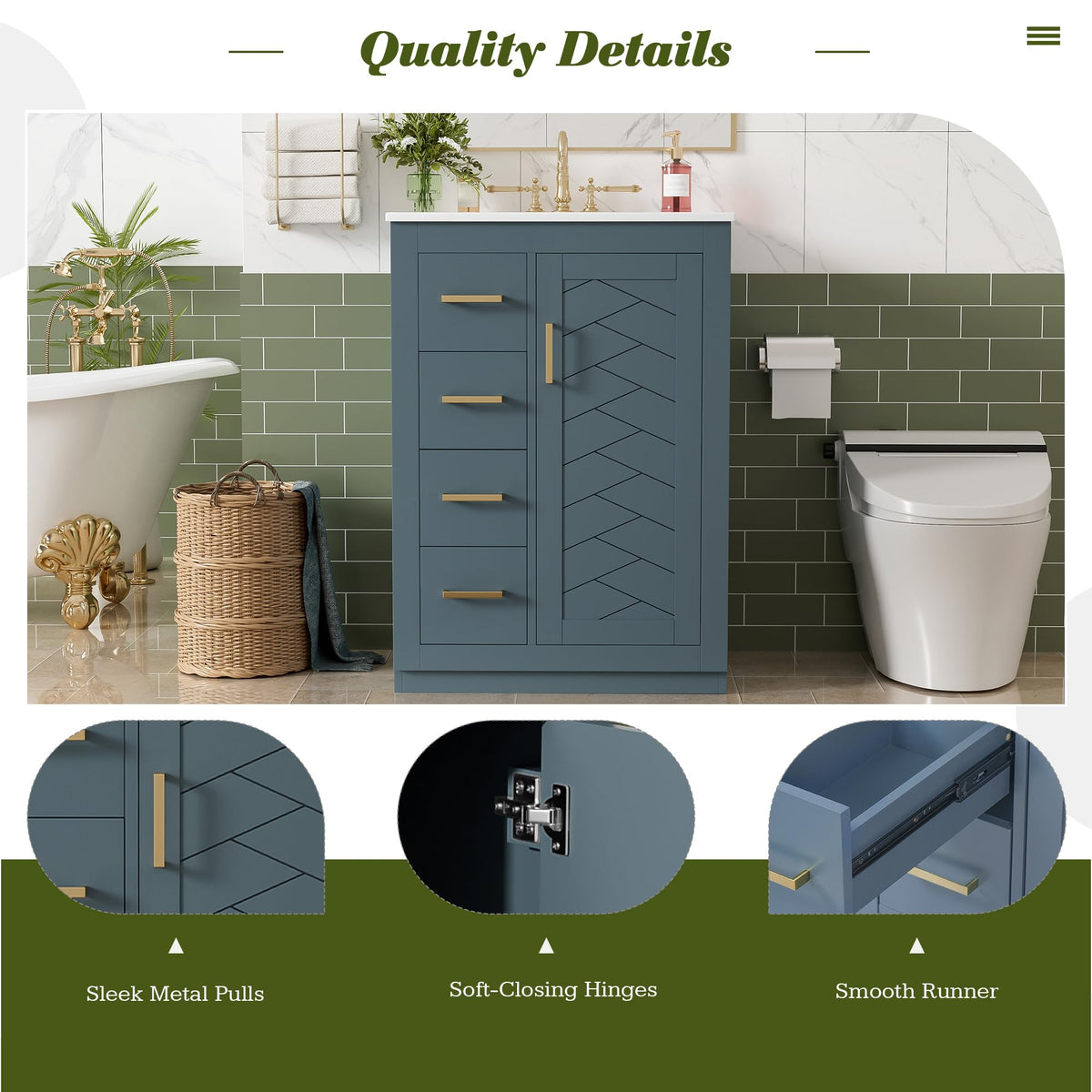 30 Inch Green Bathroom Vanity with Sink & Gold Handles,Light Luxury