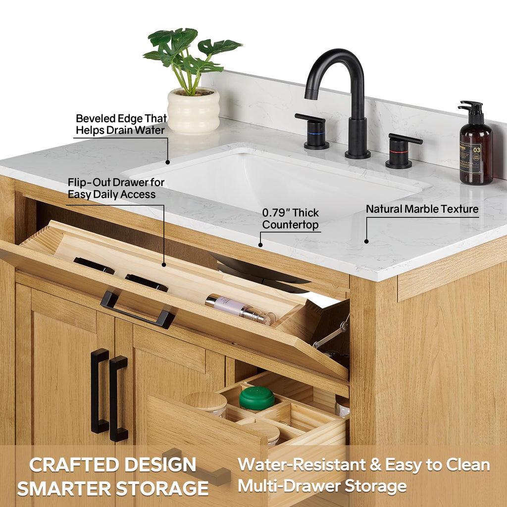48-inch Dark Walnut Bathroom Vanity with Sink, Solid Wood, 0.79-inch Stone Countertop and Backsplash, 9 Drawers, 2 Soft Closing Doors