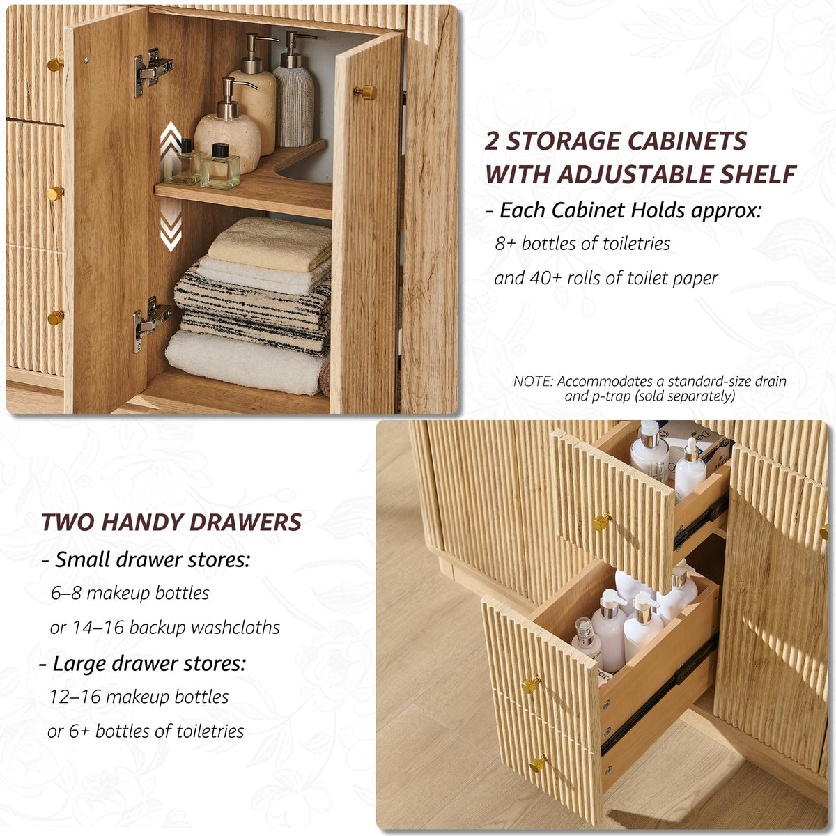 T4TREAM 36" Fluted Bathroom Vanity with Single Sink, Natural Oak