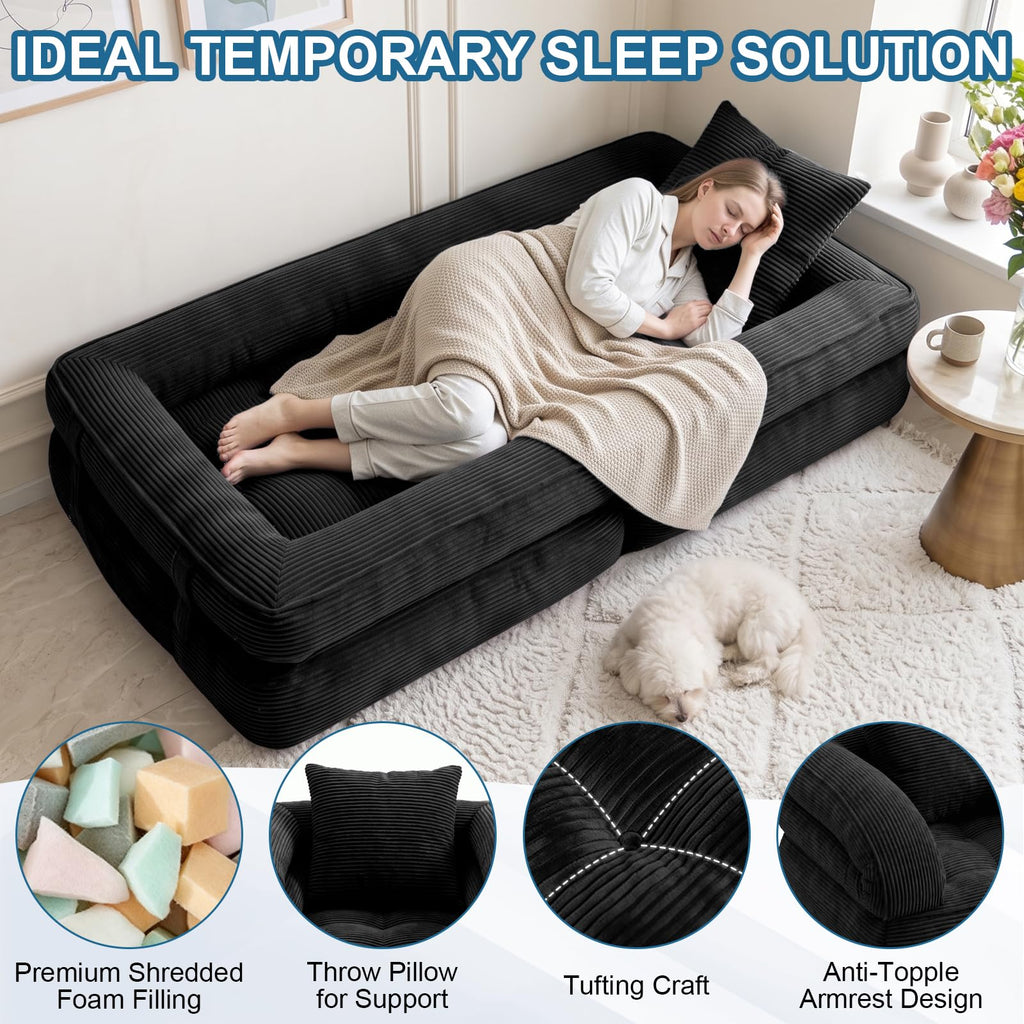 Folding Sofa Bed, Convertible Sleeper Chair with Armrests, Corduroy Foldable Boneless Bed, 3-in-1 Portable Futon Couch Floor Sofa with Pillow for Bedroom, Living Room, Orange