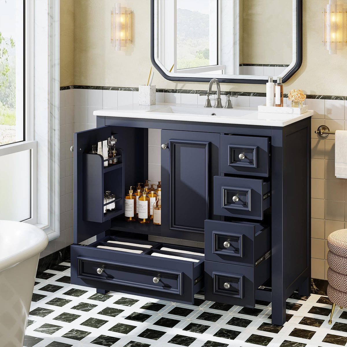 Tribesigns 30" Bathroom Vanity with Sink, Freestanding Bathroom Vanities Cabinet with Ceramic Basin Combo, Bathroom Sink Cabinet with 2 Doors and 1 Drawer, Solid Wooden Frame (Navy Blue, 30 INCH)