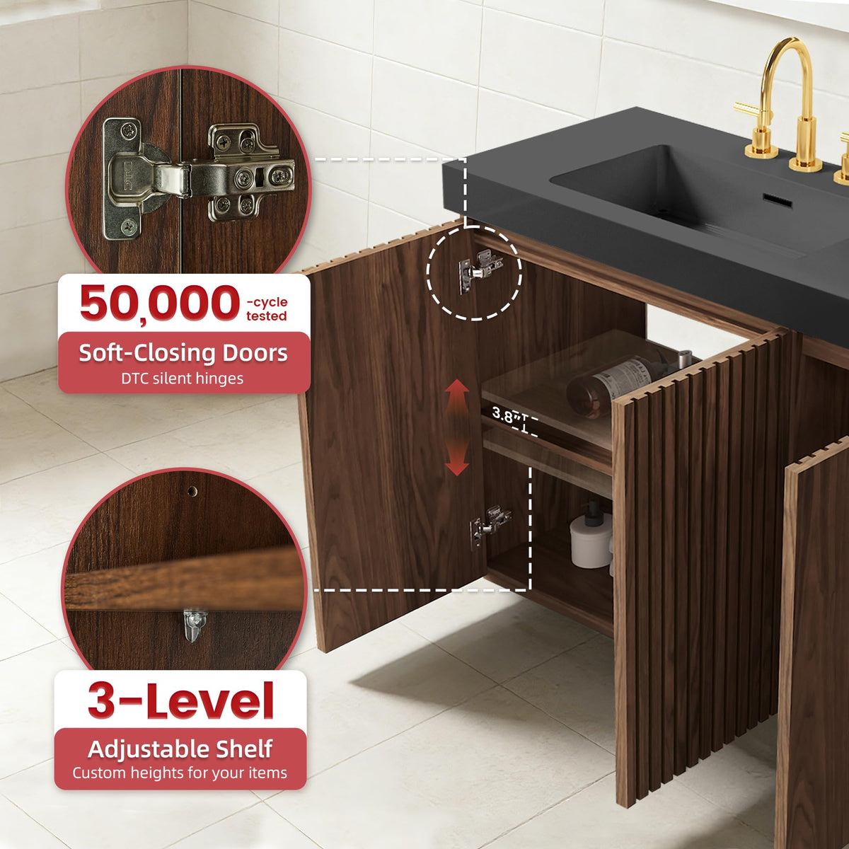 36â Modern Bathroom Vanity with Black Sink, Smoked Brown