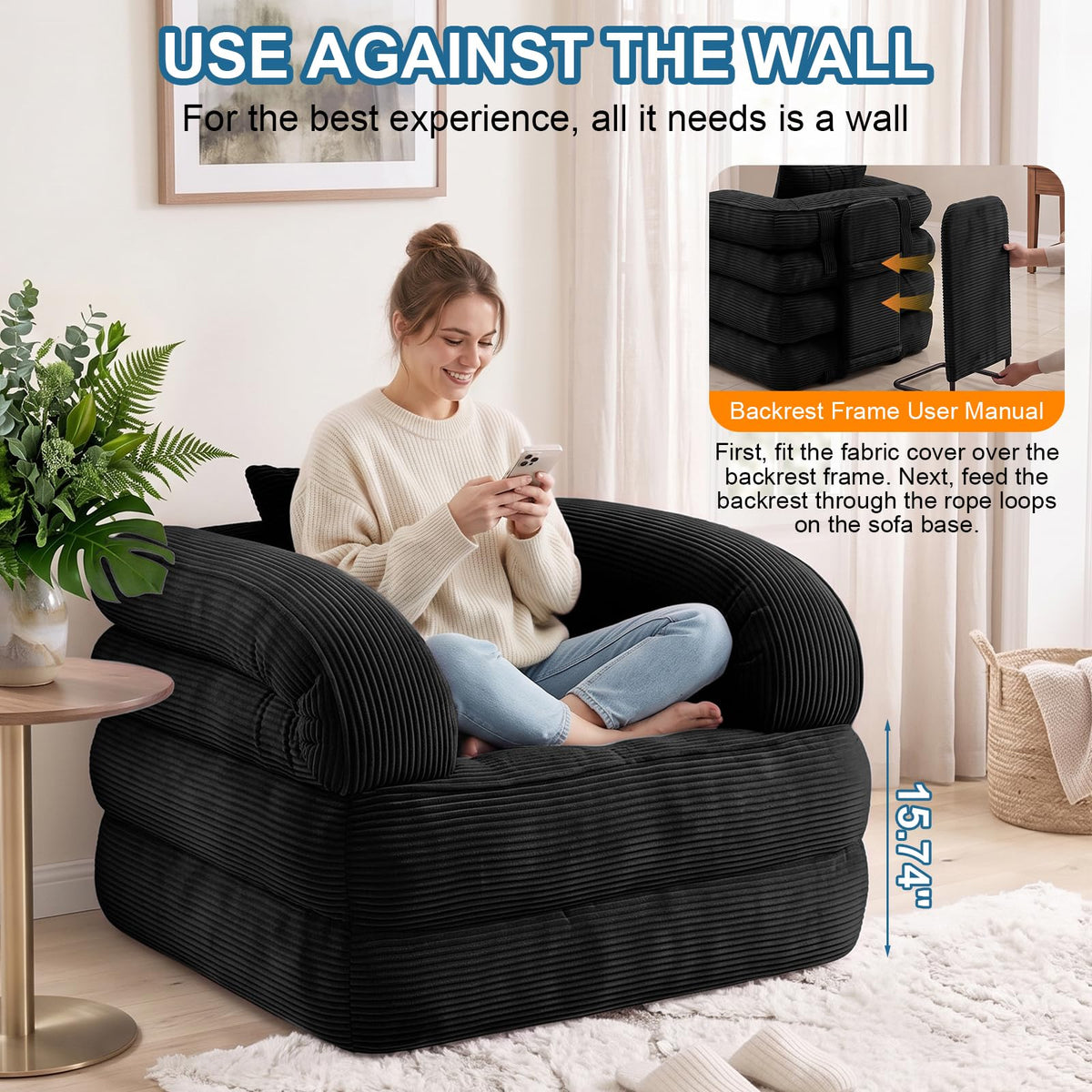 Folding Sofa Bed, Convertible Sleeper Chair with Armrests, Corduroy Foldable Boneless Bed, 3-in-1 Portable Futon Couch Floor Sofa with Pillow for Bedroom, Living Room, Orange