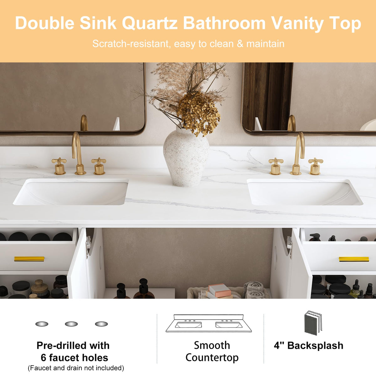 60" Bathroom Vanity Single Sink with 3 Hole, Sink Bathroom Vanity with Solid Wood Frame Storage,Soft Close Double Doors & 9 Sliding Drawers, with Gold Accents