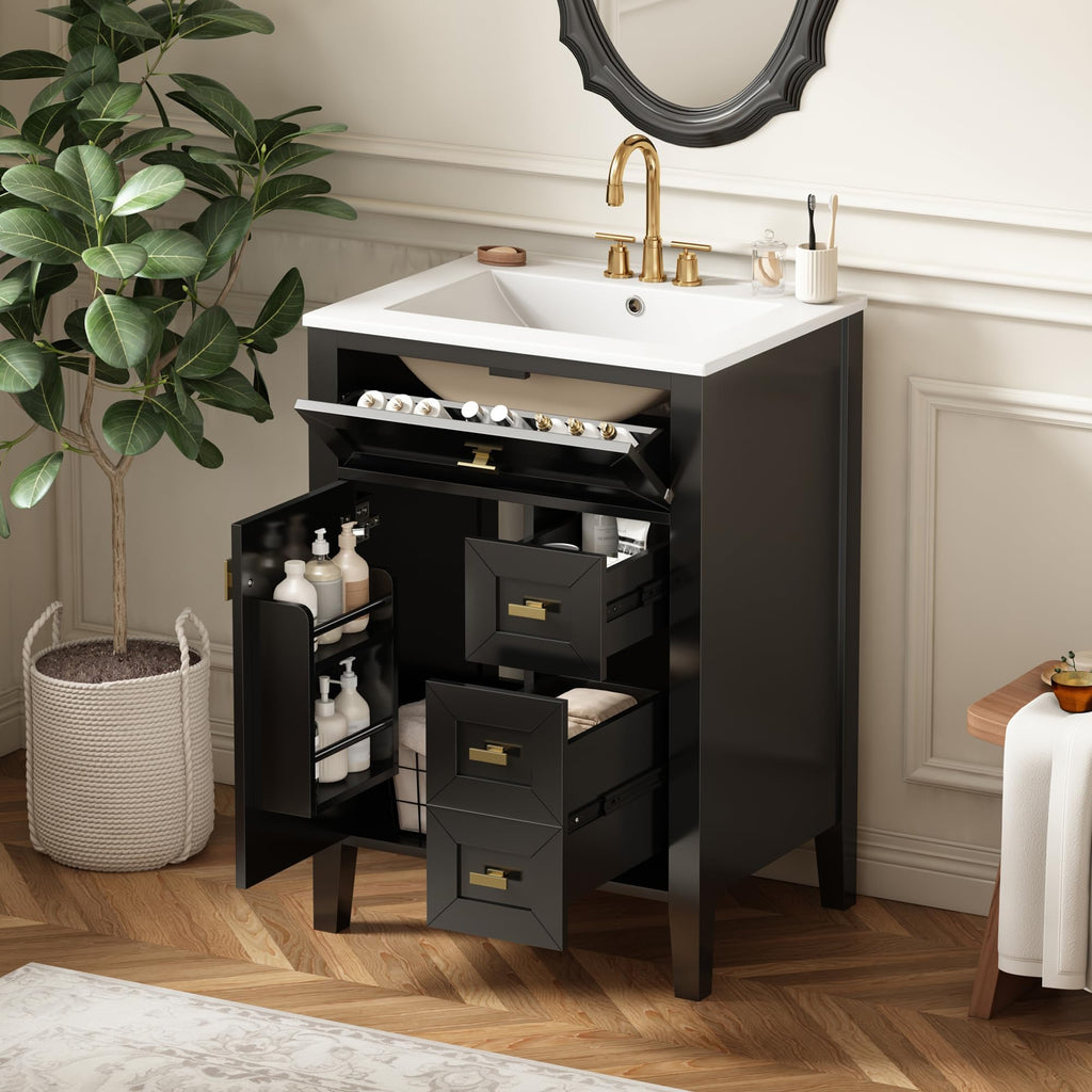 36 Inch Bathroom Vanities with Undermount Ceramic Sink, Storage Cabinet with Soft Closing Doors and Three Drawers, Solid Wood Frame, Natural Wood
