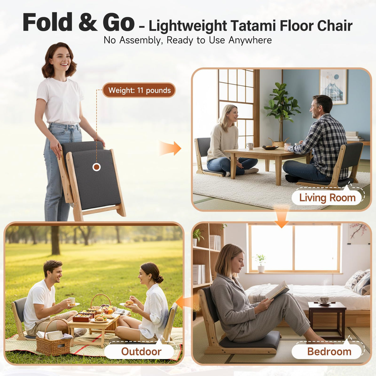 Tiita 2-Pack Foldable Meditation Floor Chairs with Back Support, Wood Grey