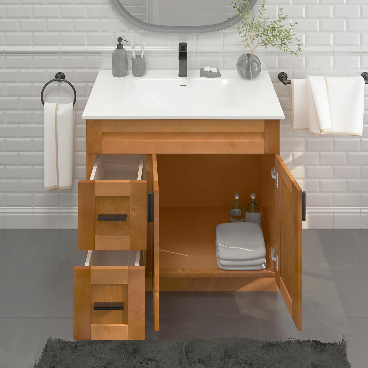 36" Maple Walnut Bathroom Vanity Base â Ready-to-Assemble Sink Cabinet with Drawers, Shaker Style Storage, Base Only, No Top or Sink