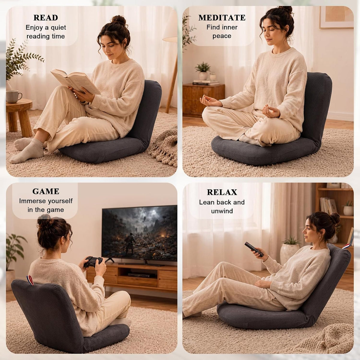 Sintuff 2 Pcs Floor Chair with Back Support Meditation Chair Floor Seat with Thick Cushion 5-Position Adjustable Tatami Lounger Folding Lazy Sofa for Reading Gaming Watching TV Dorm Yoga, Dark Grey