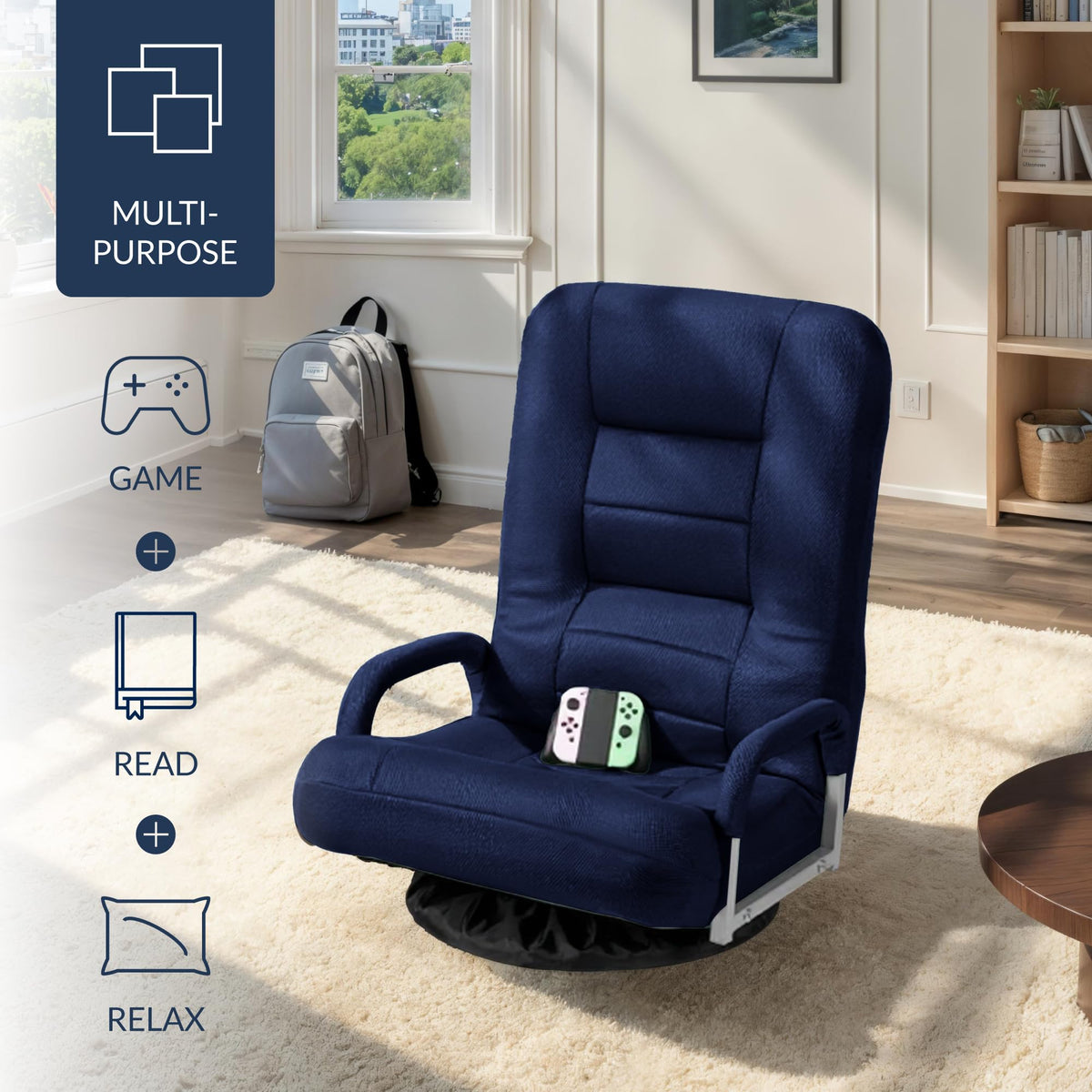 Best Choice Products Swivel Gaming Chair 360 Degree Multipurpose Floor Chair Rocker for TV, Reading, Playing Video Games w/Lumbar Support, Armrest Handles, Adjustable Foldable Backrest - Black/Black