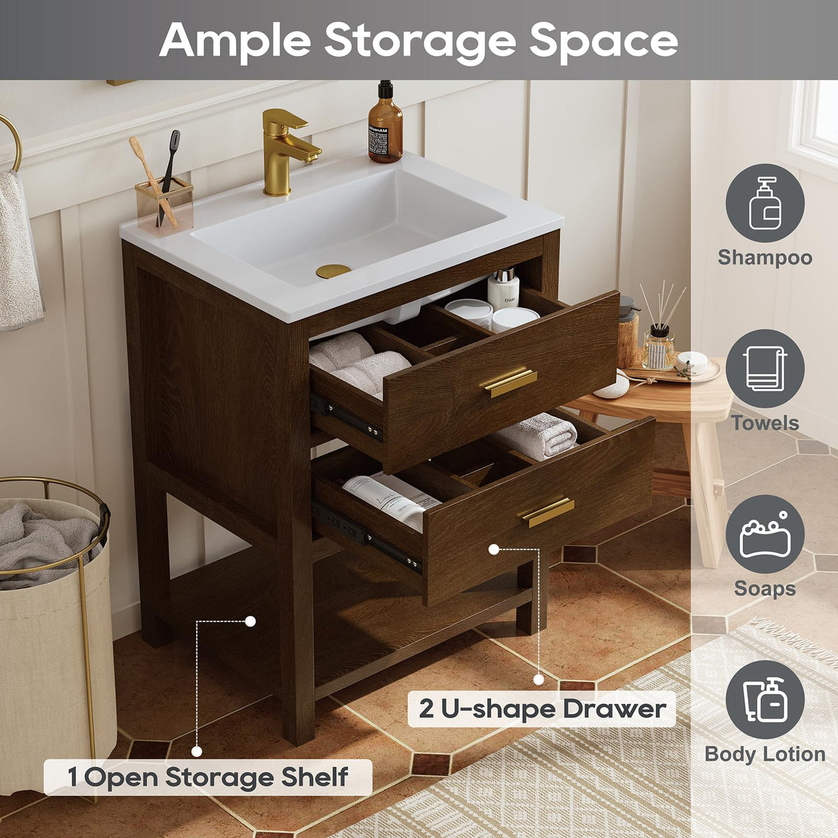 42 Inch Bathroom Vanity with Sink, Fully-Assembled, Walnut