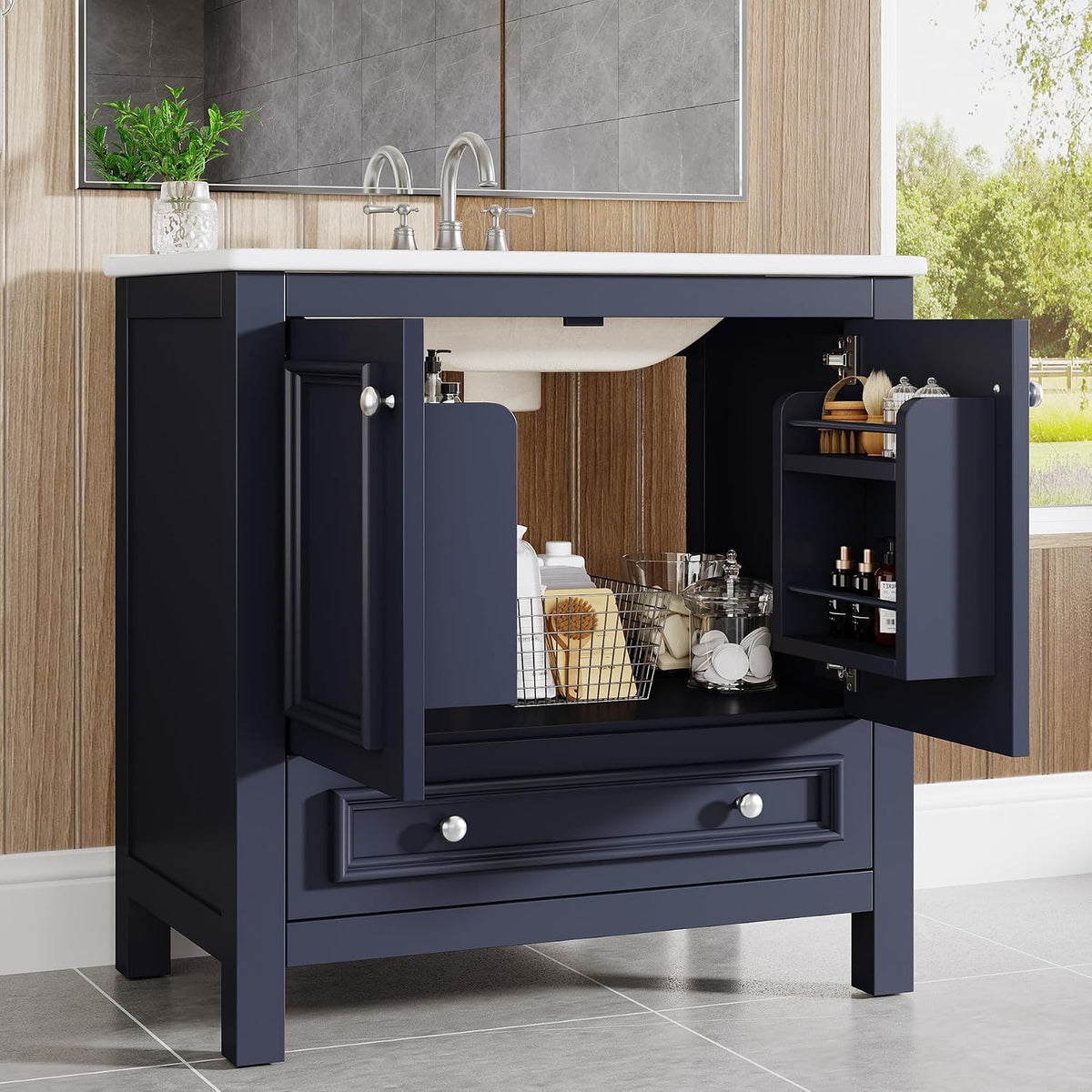 Tribesigns 30" Bathroom Vanity with Sink, Freestanding Bathroom Vanities Cabinet with Ceramic Basin Combo, Bathroom Sink Cabinet with 2 Doors and 1 Drawer, Solid Wooden Frame (Navy Blue, 30 INCH)