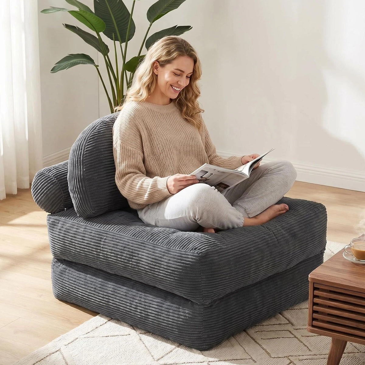 Convertible Corduroy Floor Sofa, 3-in-1 Folding Lazy Sofa Bed with Adjustable Backrest, Soft Bean Bag Chair Lounger for Living Room, Bedroom, Guest Room, Oversized Sleeper Chair
