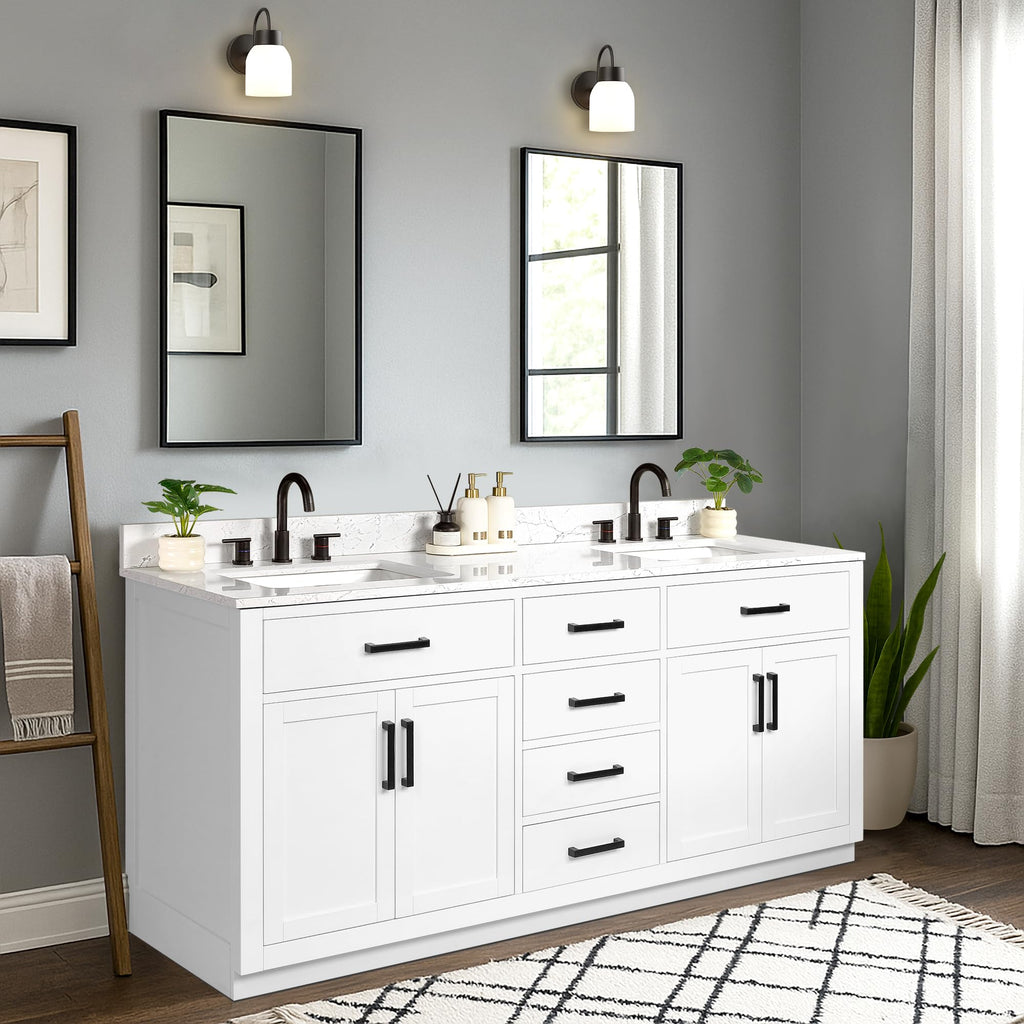 48-inch Dark Walnut Bathroom Vanity with Sink, Solid Wood, 0.79-inch Stone Countertop and Backsplash, 9 Drawers, 2 Soft Closing Doors