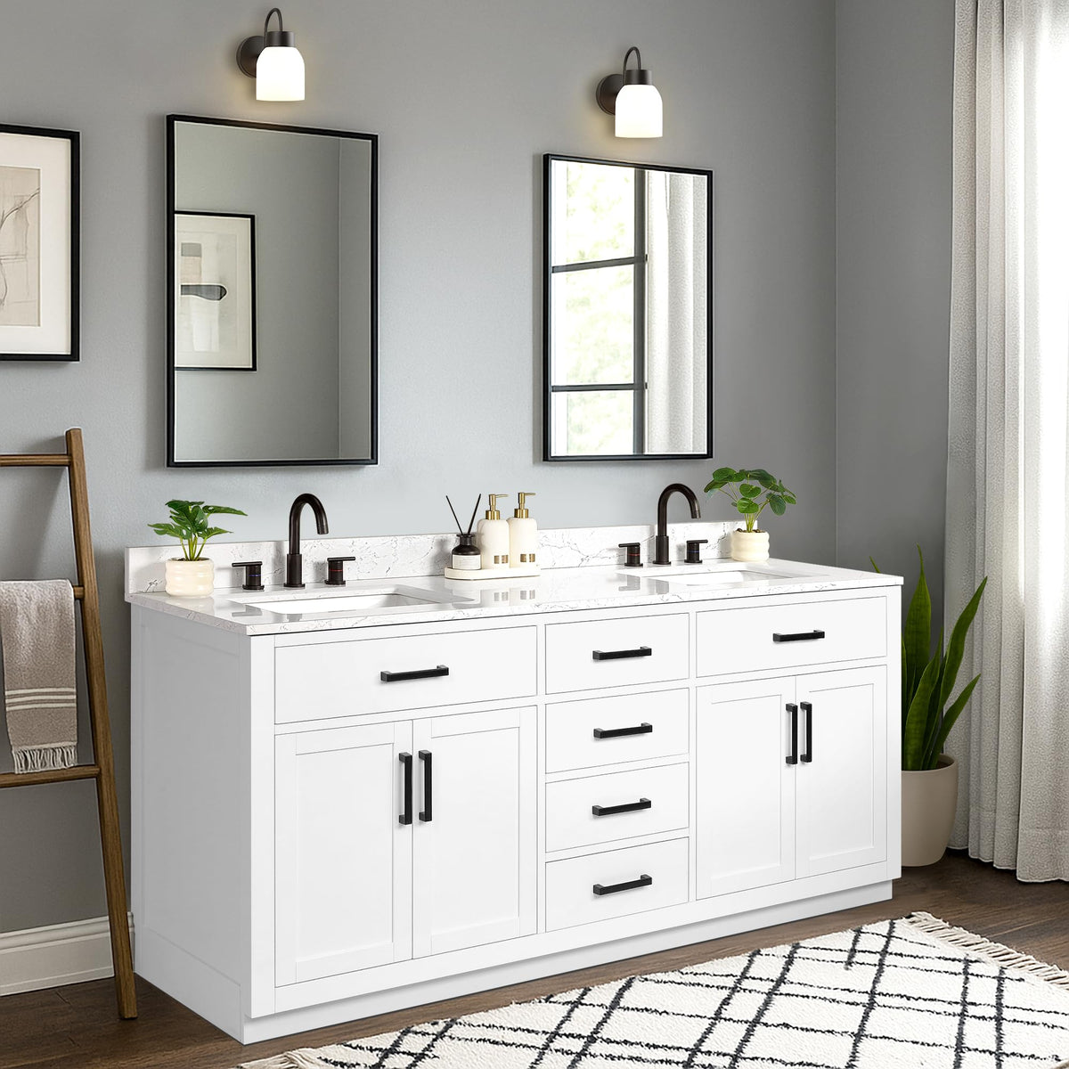 48-inch Dark Walnut Bathroom Vanity with Sink, Solid Wood, 0.79-inch Stone Countertop and Backsplash, 9 Drawers, 2 Soft Closing Doors