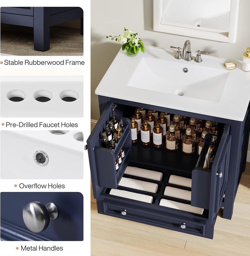 Tribesigns 30" Bathroom Vanity with Sink, Freestanding Bathroom Vanities Cabinet with Ceramic Basin Combo, Bathroom Sink Cabinet with 2 Doors and 1 Drawer, Solid Wooden Frame (Navy Blue, 30 INCH)