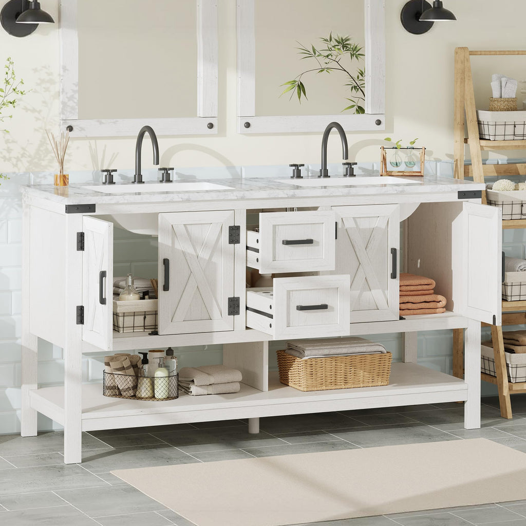 AMERLIFE 48" White Farmhouse Sink Bathroom Vanity, Solid White Top