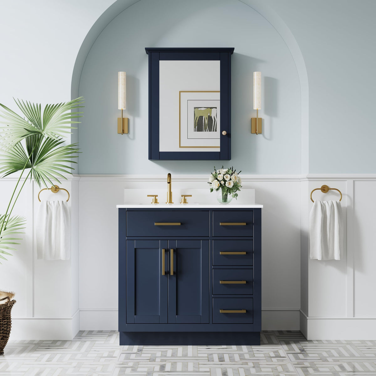 WELLFOR 36-Inch Bathroom Vanity with Sink W/ 2 Doors & 4 Drawers & 1 Flip Drawer,Navy Blue Vanity W/Matte Black Handles