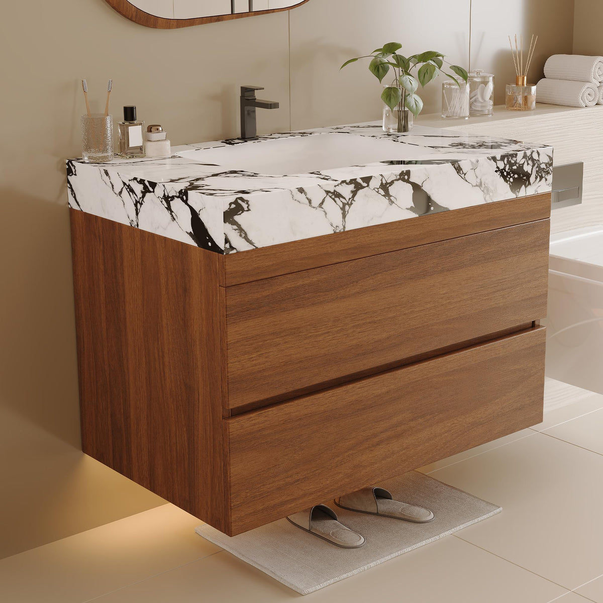 Glintee 40" Floating Bathroom Vanity & Sintered Stone Top, Black