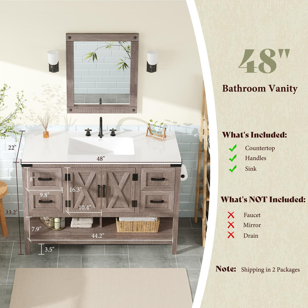 AMERLIFE 48" White Farmhouse Sink Bathroom Vanity, Solid White Top
