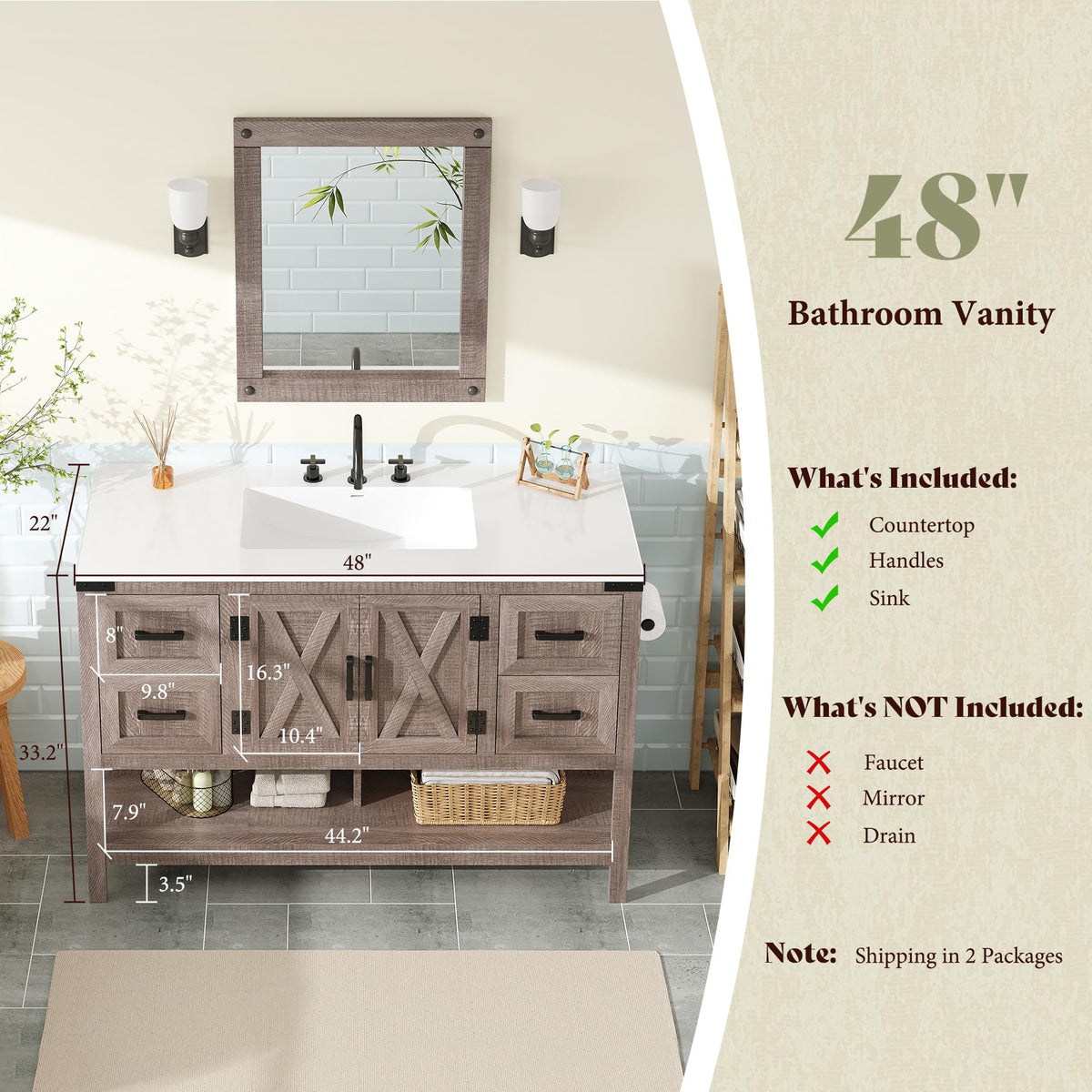 AMERLIFE 48" White Farmhouse Sink Bathroom Vanity, Solid White Top