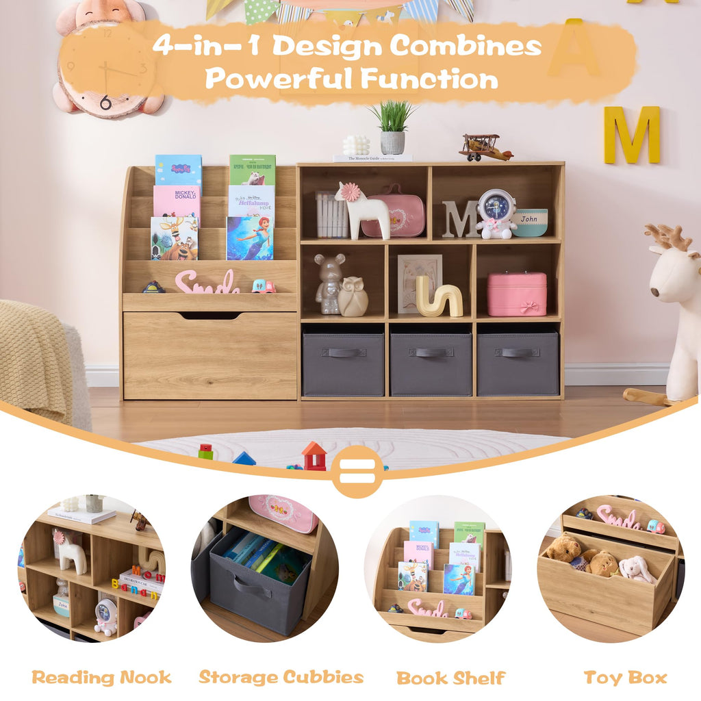Fatmok Kids Bookshelf and Toy Storage, 2 Pack 58.5ââ Toy Organizer with Movable Chests & 3 Storage Bins, Large Kids Reading Nook with 5 Cubbies for Playroom, Bedroom, Nursery, White