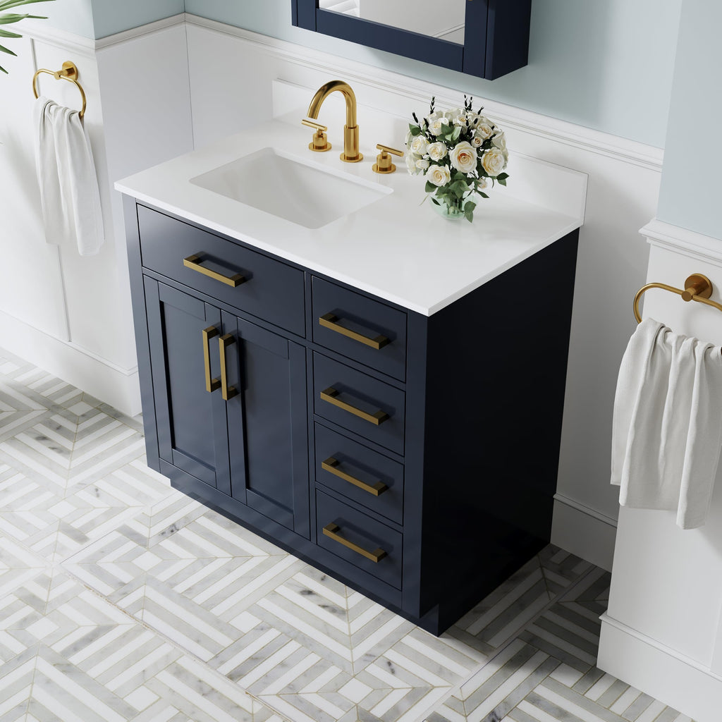 WELLFOR 36-Inch Bathroom Vanity with Sink W/ 2 Doors & 4 Drawers & 1 Flip Drawer,Navy Blue Vanity W/Matte Black Handles