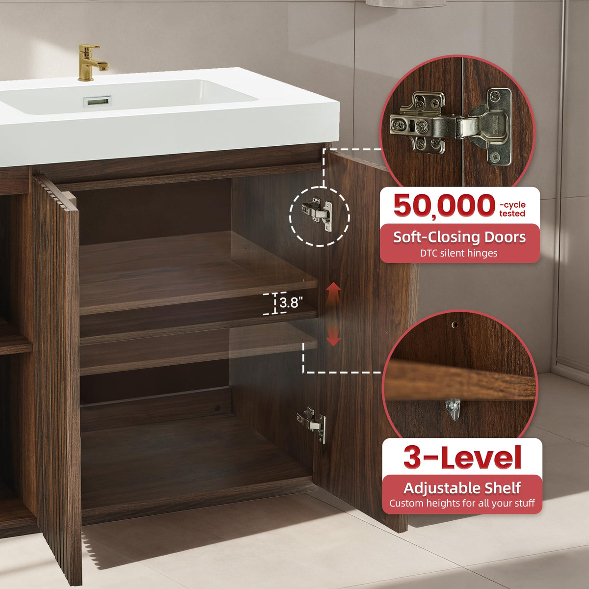 36â Modern Bathroom Vanity with Black Sink, Smoked Brown