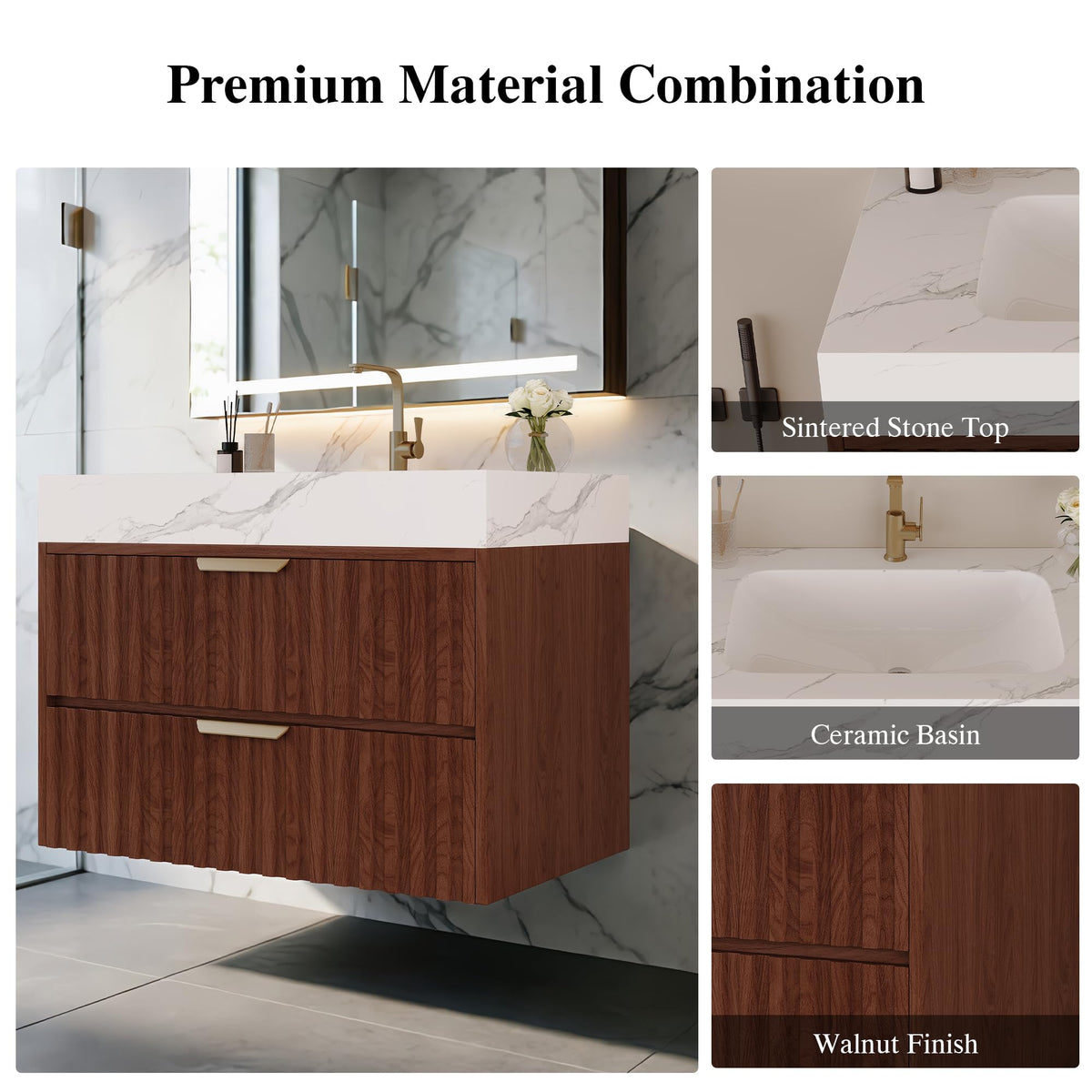 36 Inch Bathroom Vanity with Sink, Black Floating Wall Mounted Vanity