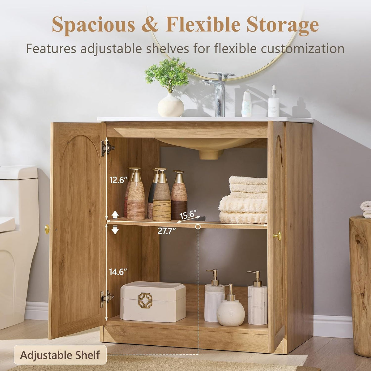 IFGET 30 Inch Bathroom Vanity with Sink, Arched Fluted Design, Natural Oak