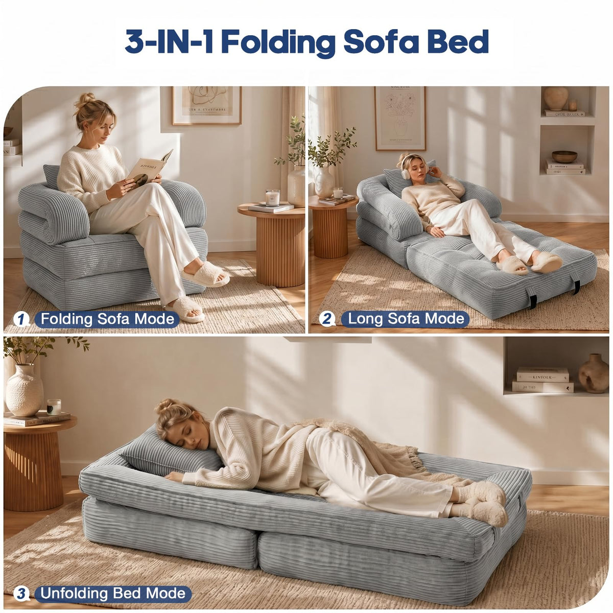 Folding Sofa Bed, Convertible Sleeper Chair with Armrests, Corduroy Foldable Boneless Bed, 3-in-1 Portable Futon Couch Floor Sofa with Pillow for Bedroom, Living Room, Orange