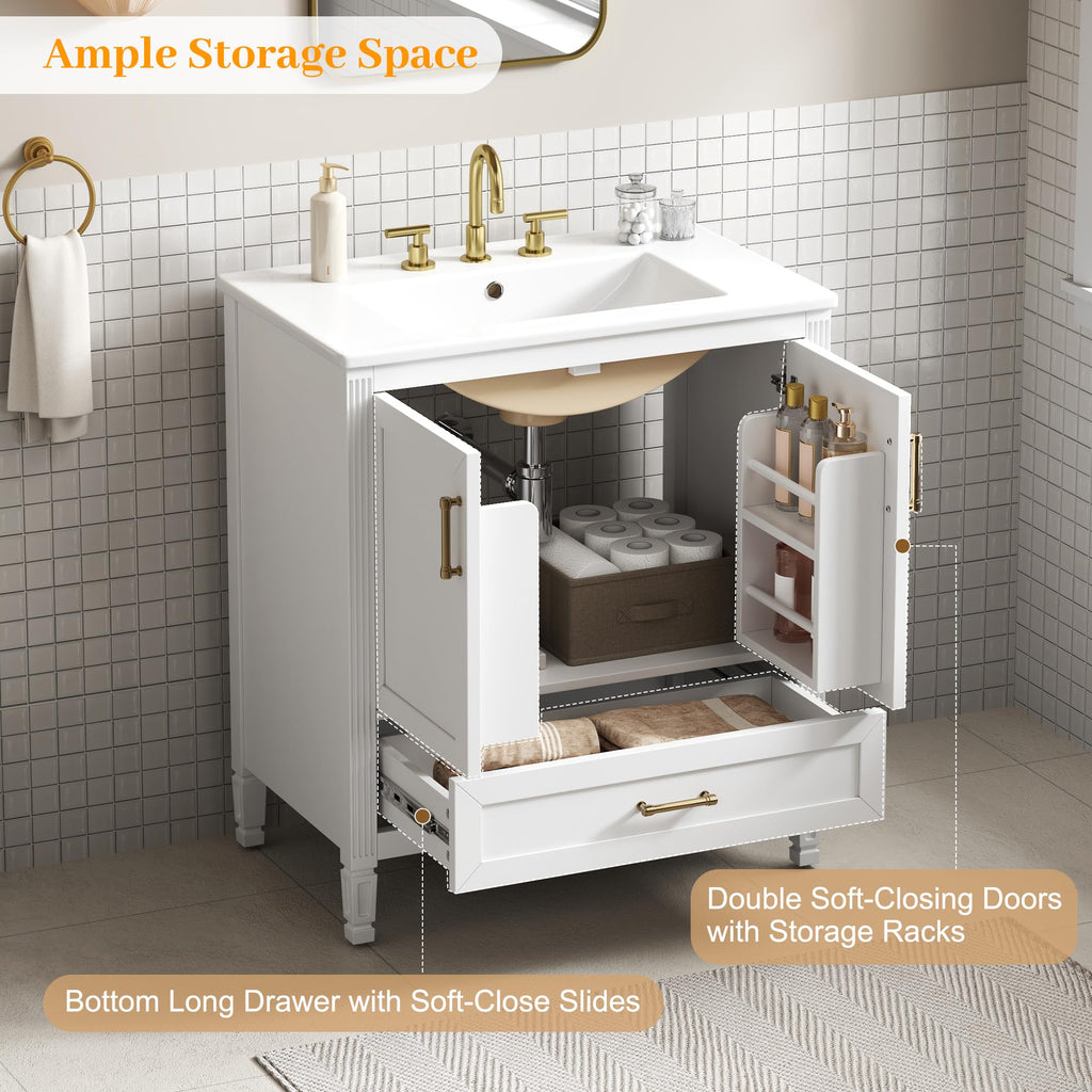 30" Bathroom Vanity Cabinet with Undermount Sink, Storage Rack Shelf, Multi-Functional Drawer Divider, Soft Closing Doors, Black