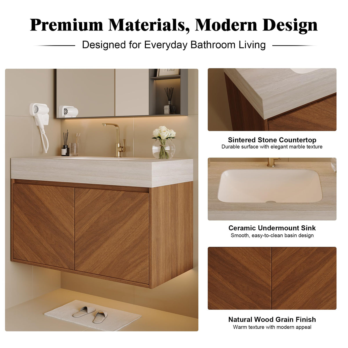 36 Inch Bathroom Vanity with Sink, Black Floating Wall Mounted Vanity