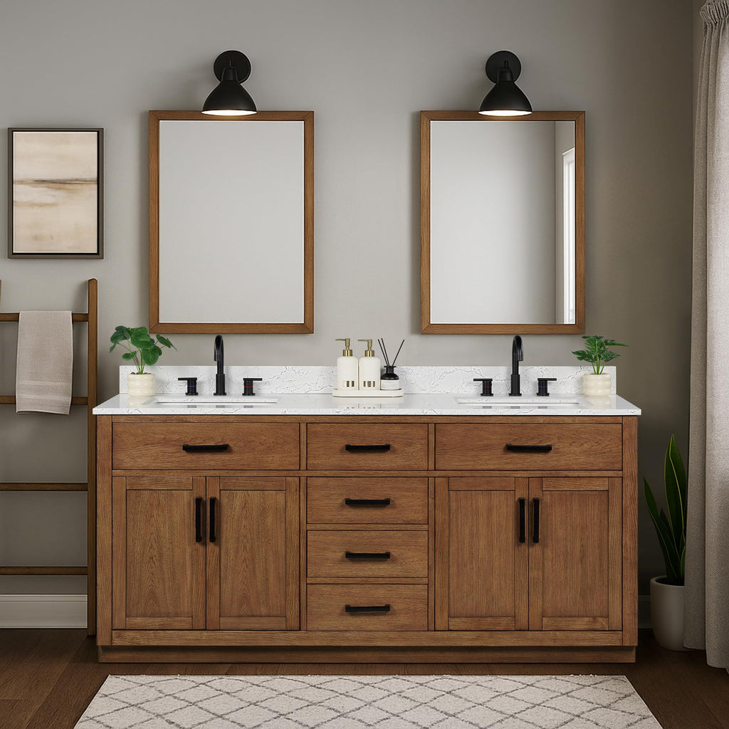 48-inch Dark Walnut Bathroom Vanity with Sink, Solid Wood, 0.79-inch Stone Countertop and Backsplash, 9 Drawers, 2 Soft Closing Doors