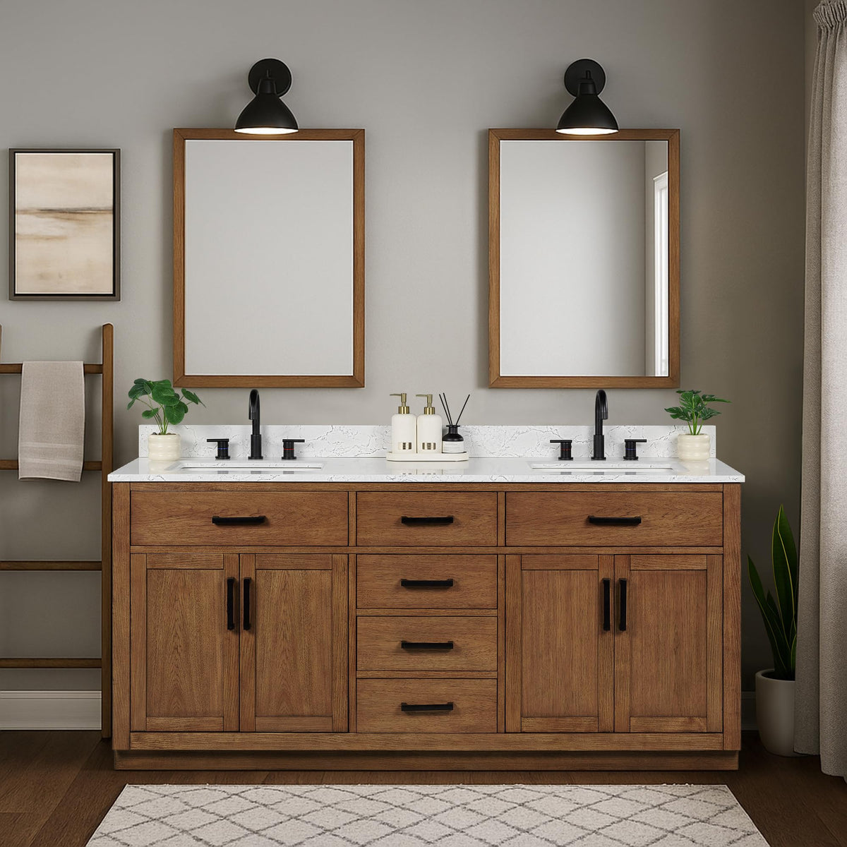 48-inch Dark Walnut Bathroom Vanity with Sink, Solid Wood, 0.79-inch Stone Countertop and Backsplash, 9 Drawers, 2 Soft Closing Doors