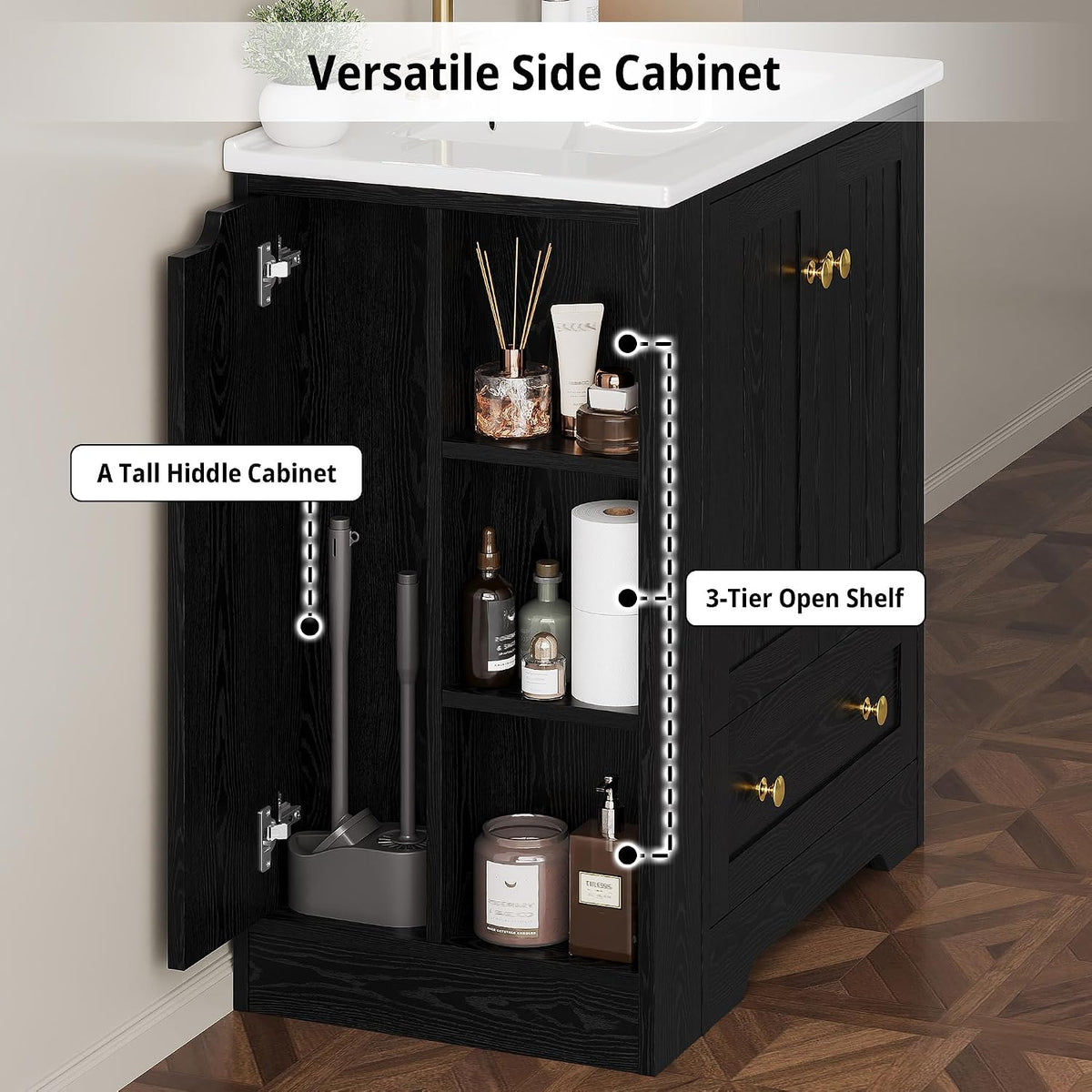 IRONCK Bathroom Vanity with Ceramic Sink, 30" Bathroom Cabinet, Black