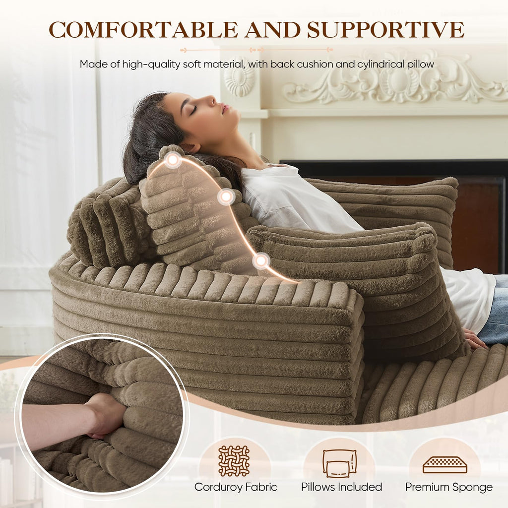 Oversized Round Chaise Longue Chair Indoor, Modern 55-inch Upholstered Corduroy Deep Seat Circle Single Cloud Lounge Floor Sofa Chair for Living Room, Bedroom Apartment, Beige