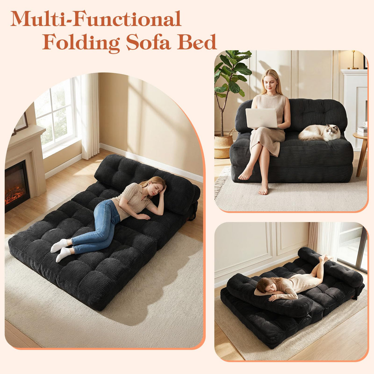Folding Sofa Bed, Convertible Sleeper Chair with Back Support and Pillow